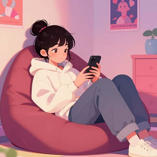Anime-style digital drawing of a girl with black hair in a bun, white hoodie, blue jeans, and white sneakers, sitting on a red beanbag