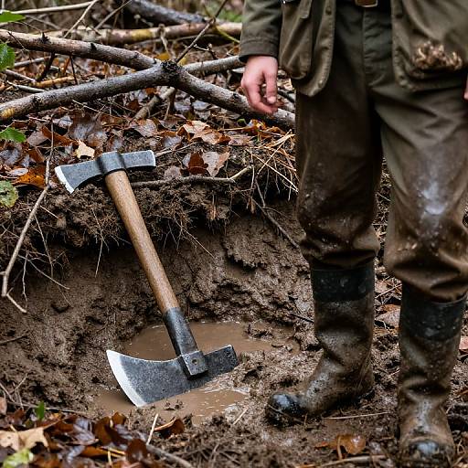 Photograph of a person in muddy green pants and boots standing beside a wooden-handled axe in a muddy forest hole.