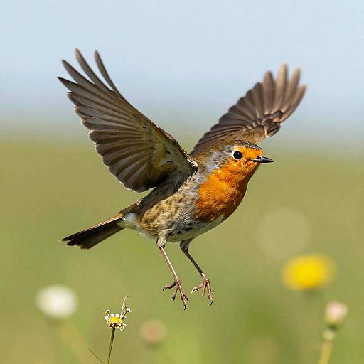 Photograph of a vibrant European robin mid-flight, wings spread, with an orange-red chest, brown wings, and green blurred field background.