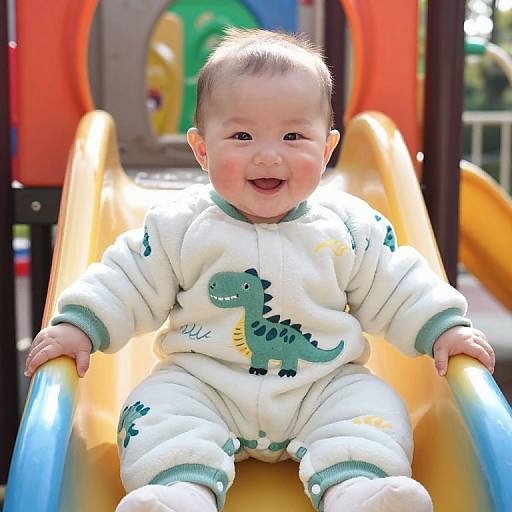 Photograph of a smiling baby with light skin and brown hair, wearing a white dinosaur-print onesie, riding a colorful plastic slide in a playground.