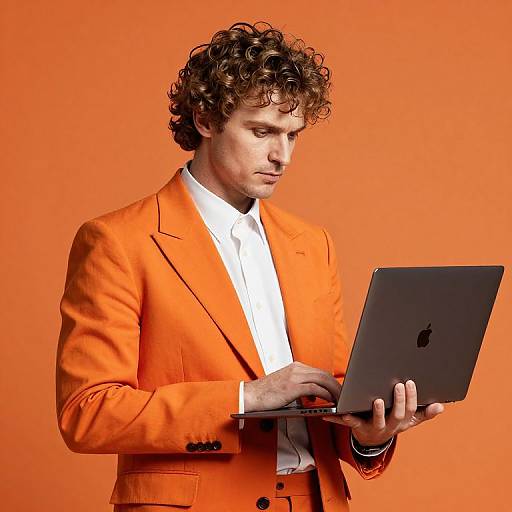 Photograph of a curly-haired man in a bright orange suit with a white shirt, focused on a silver MacBook against an orange background.