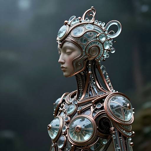 Digital art of a futuristic, robotic humanoid with intricate copper and glass armor, featuring circular lenses and ornate headpiece, set against a dark, blurred