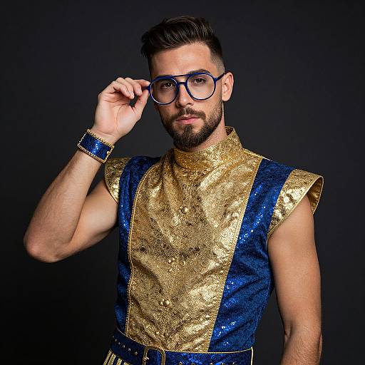 Photograph of a bearded man with short brown hair, wearing blue and gold sequined sleeveless shirt, blue wristband, and blue-framed