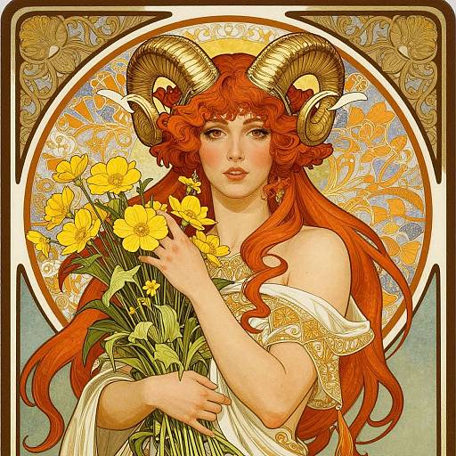 Digital art of a red-haired woman with ram horns, holding yellow flowers, wearing an ornate white dress, set against a floral-patterned background.