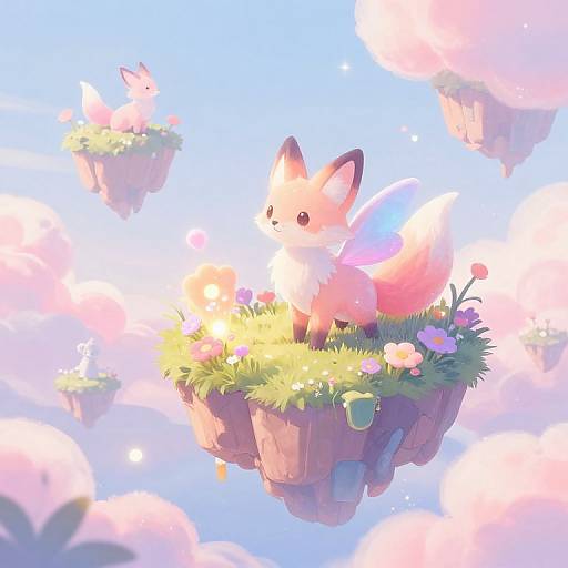 Digital illustration of adorable pink foxes with fluffy tails, standing on floating, grassy islands surrounded by pastel-colored flowers and soft pink clouds against a