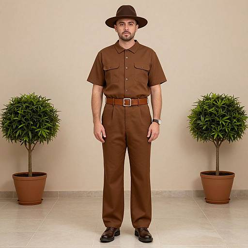 Man in Brown Outfit with Plants
