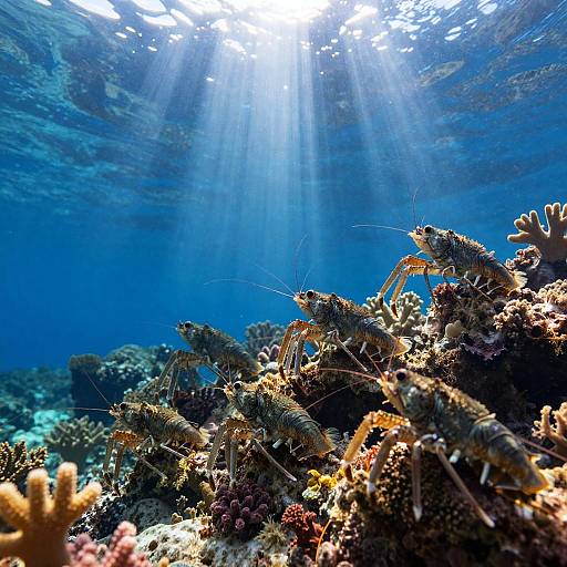 Underwater photograph of sunlit coral reef with numerous brown and gray spiny lobsters, surrounded by colorful corals, in deep blue ocean. Sun