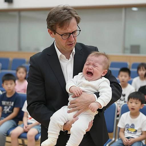 Concerned Man Holding Crying Baby Indoors
