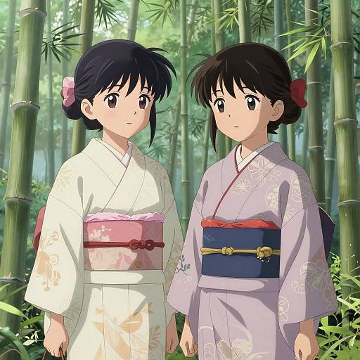 Anime-style drawing of two young girls in kimonos, one white with pink obi, one purple with red obi, standing in a bamboo