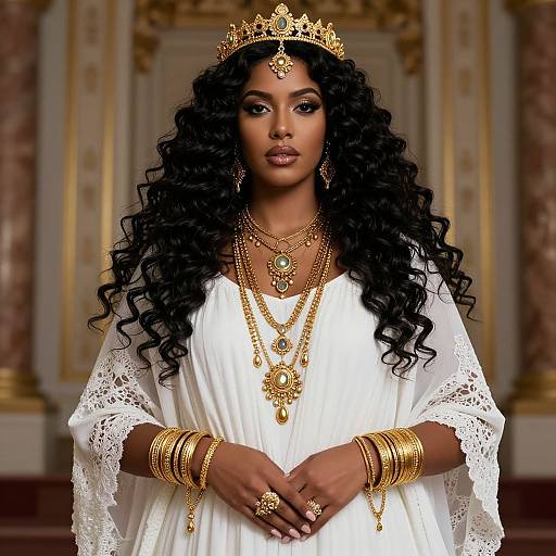 Photograph of a regal Black woman with long curly hair, wearing a gold crown, white lace dress, and numerous gold jewelry pieces, standing in