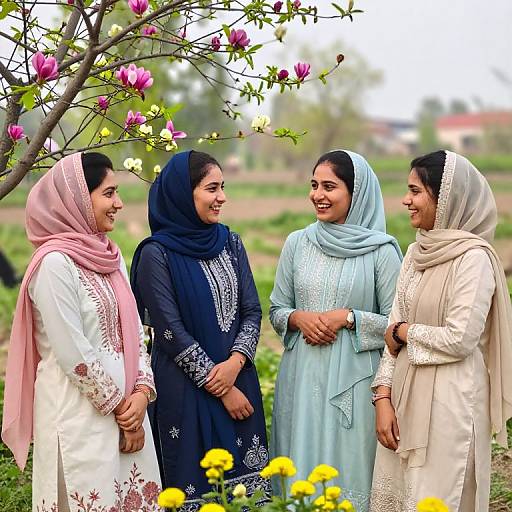 Pakistani Girls Laughing in Spring Garden