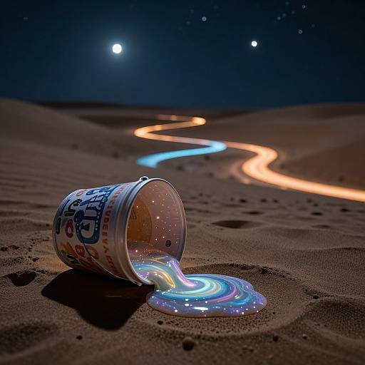 Photograph: Overturned glowing beer cup on desert sand, with neon blue and orange light trails curving into the night sky.