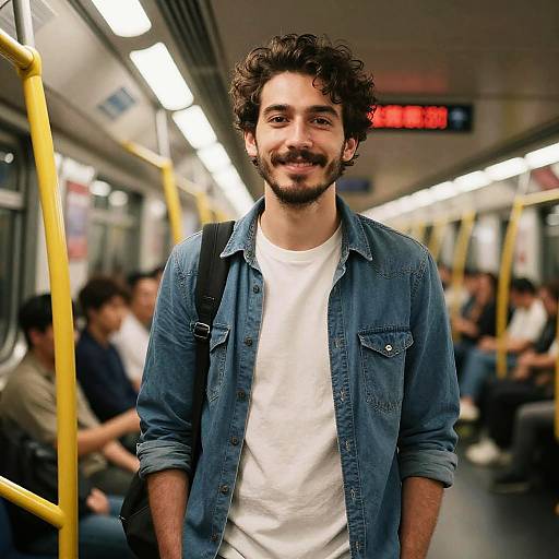 Photograph of a smiling, curly-haired man with a beard, wearing a blue denim shirt and white t-shirt, standing on a brightly lit subway car