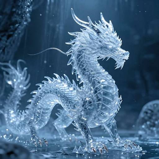 Digital illustration of a glowing, crystalline dragon with intricate, icy features standing in a blue-lit, watery cave. The dragon's ethereal