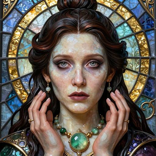 Digital painting of a pale-skinned woman with brown hair, wearing green jewelry and golden armor, hands raised, set against a stained glass background.