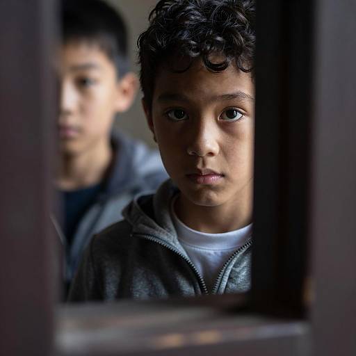 Young Boy Peering Through Shadowed Opening