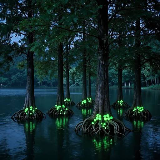 Bioluminescent Upside-Down Lake Trees