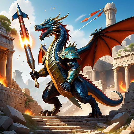 Dragon Warrior with Rocket Launcher in Ruins Dragon Warrior with Rocket Launcher in Ruins