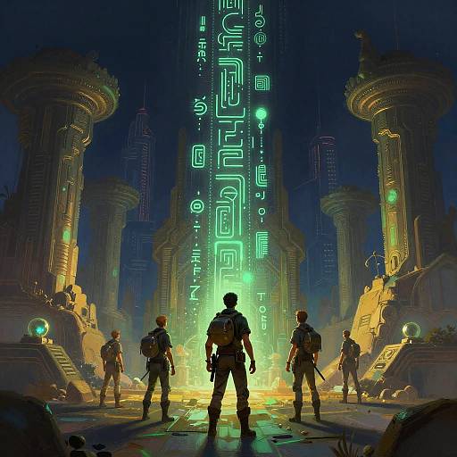 Digital artwork of four silhouetted figures standing in awe before a glowing, neon-lit cyber-ancient temple with towering, illuminated columns.