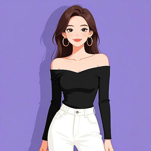 Digital anime-style drawing of a smiling woman with long brown hair, large hoop earrings, black off-shoulder top, and white high-waisted
