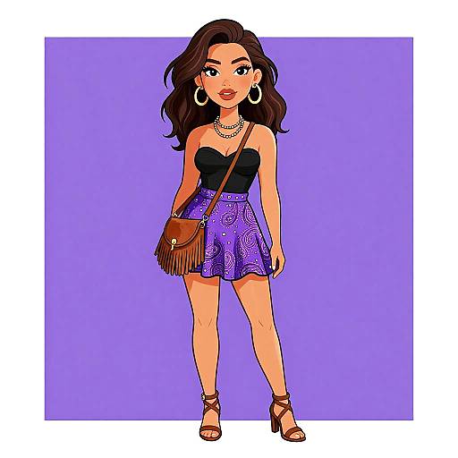 Digital illustration of a young woman with wavy brown hair, wearing a black strapless top, purple floral skirt, brown fringe bag, hoop earrings,