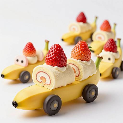 Photograph of whimsical fruit cars made from bananas, cream, strawberries, and mini wheels, arranged in a playful, bright white background.