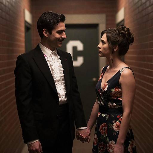 Man and Woman Holding Hands in Dimly Lit Hallway