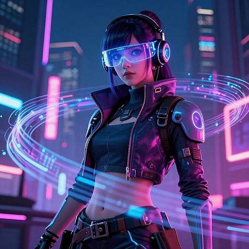 Cyberpunk woman in neon-lit city, wearing futuristic goggles and black leather jacket, with glowing neon rings and vibrant city lights. Digital art.