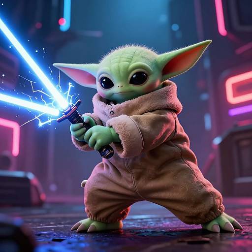 Digital artwork of a green, big-eared, cute alien wielding a glowing blue lightsaber, dressed in a cozy beige hoodie and pants, standing in