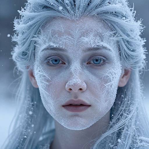 Photograph of a young woman with pale skin and blue eyes, covered in intricate ice crystals on her face and hair, creating an ethereal, frost