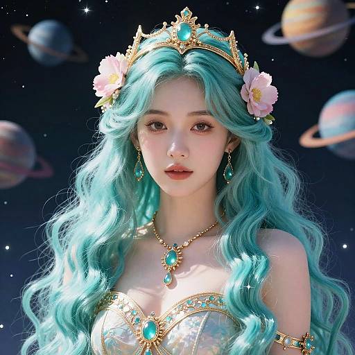 Ethereal Woman with Turquoise Hair and Celestial Crown