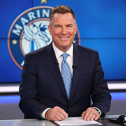 Photograph of a smiling middle-aged white man in a black suit and blue tie, with short brown hair, speaking at a podium against a blue background