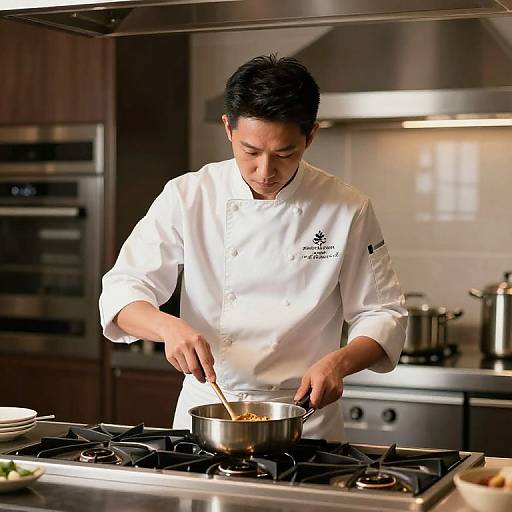 Photograph of a male chef with short black hair, wearing a white chef's coat, stirring a pot on a modern stainless steel stove in a well