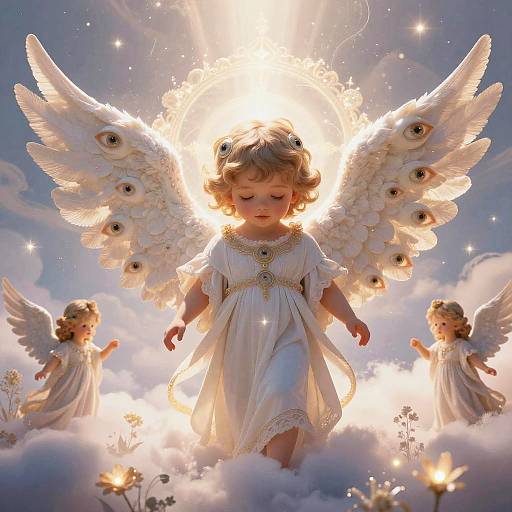 Digital artwork of a cherubic angel with large, eye-patterned wings, glowing halo, and white dress, surrounded by smaller angels in a celestial,