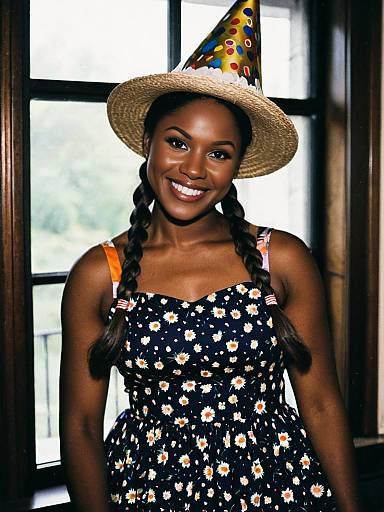 Smiling Dark-Skinned Woman in Floral Dress and Party Hat