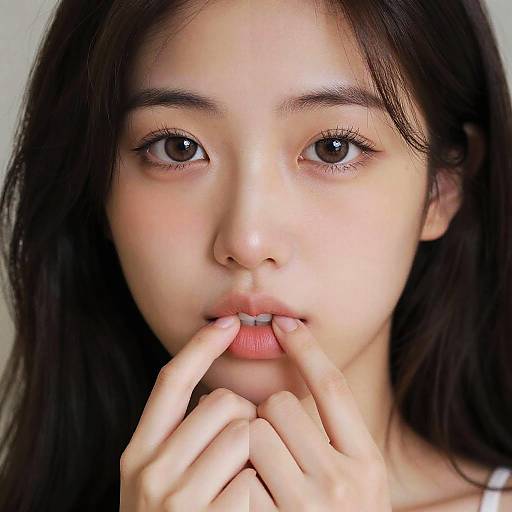 Close-up photograph of an East Asian woman with long black hair, light skin, and brown eyes, gently touching her lips with her fingers.