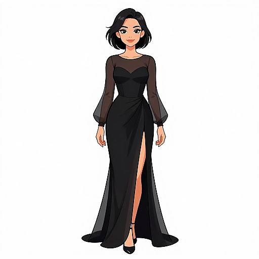 Digital anime-style drawing of a black-haired woman in a sheer black long-sleeve dress with a thigh-high slit, standing confidently against a white background