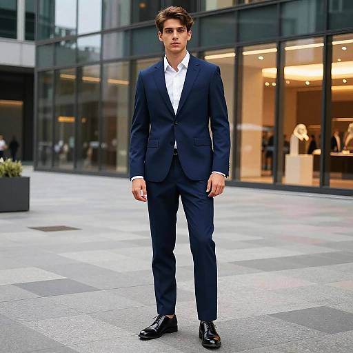 Photograph of a young, handsome man with dark brown hair, wearing a dark navy suit, white shirt, and black dress shoes, standing in front