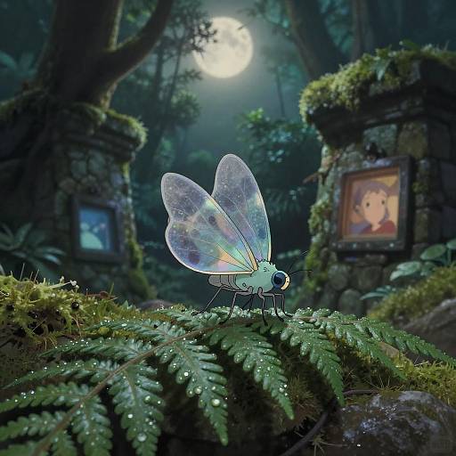 Bioluminescent Macro in Moonlit Stone Ruin