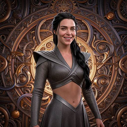 Digital artwork of a smiling woman with long black hair in a braided ponytail, wearing a metallic, futuristic, cut-out top and skirt, standing