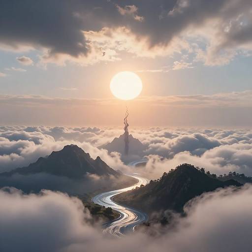 Photographic landscape of a winding river cutting through misty mountains at sunrise, with a tall, thin tower rising from the center peak.
