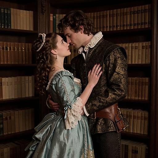 Photograph of a romantic library scene: a woman in a blue, lace-trimmed dress and a man in a dark, ornate jacket,