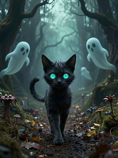 Digital artwork of a glowing blue-eyed, black cat with a curly tail, walking through a misty forest with floating white ghosts, surrounded by mushrooms and