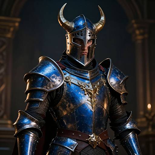 Photorealistic digital art of a muscular knight in shiny, blue-tinged steel armor with ornate gold accents and large horns, standing in a
