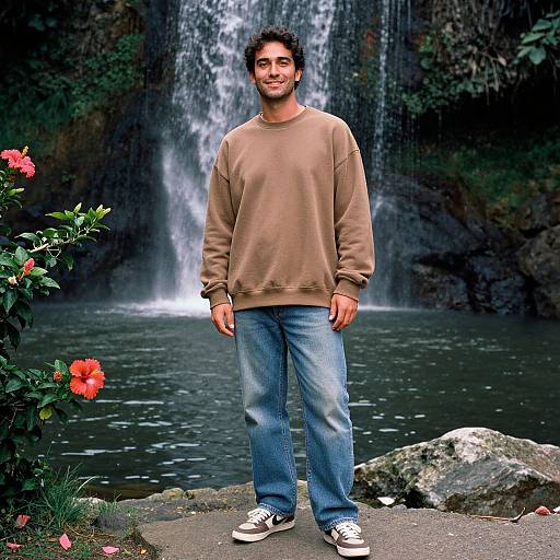 Photograph of a smiling man with short dark hair, brown sweatshirt, blue jeans, and white sneakers, standing in front of a waterfall with lush