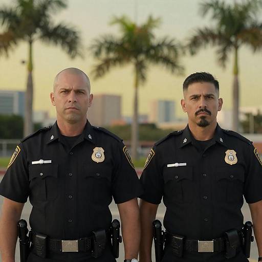 Two Police Officers Against Cityscape Background
