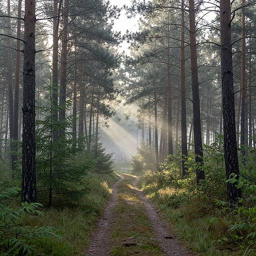 Photograph of a misty forest path with tall pine trees, sunlight beams filtering through, and lush green underbrush on either side.