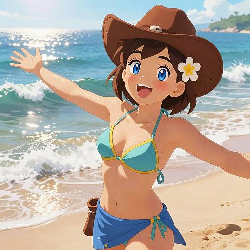 Anime-style drawing of a cheerful, blue-eyed girl in a turquoise bikini top and blue sarong, wearing a brown cowboy hat with a white flower,