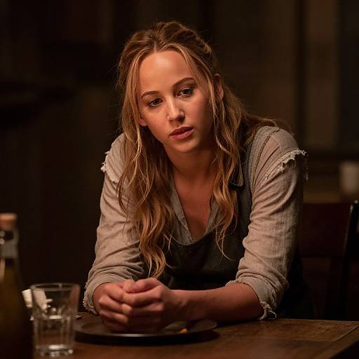Photograph of a pensive, blonde woman with wavy hair, wearing a gray shirt and dark vest, sitting at a dimly lit wooden table