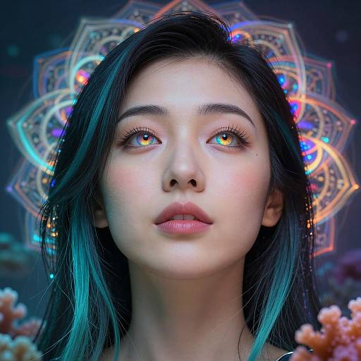 Digital portrait of an ethereal Asian woman with glowing yellow eyes, long black hair, and blue highlights, against a vibrant, glowing mandala background with